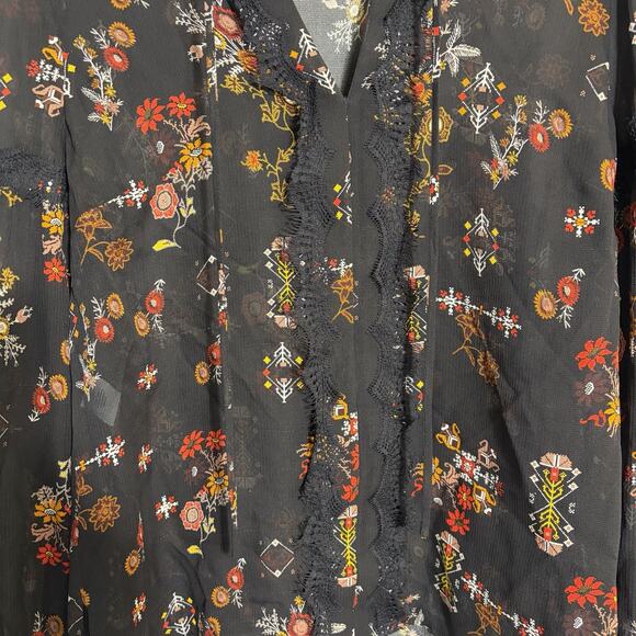 Derek Lam 10 Crosby Black Sheer Floral Silk Blouse Top S V-Neck Quiet Luxury - Picture 3 of 8